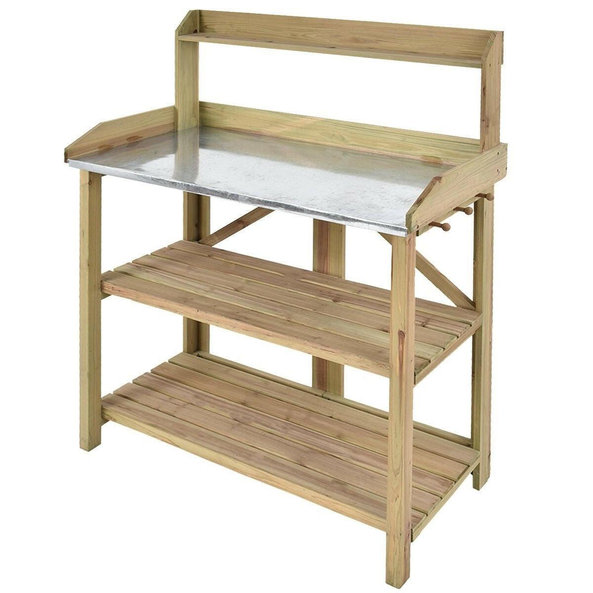 Outdoor Garden Workstation Potting Bench with Metal Top - FurniFindUSA