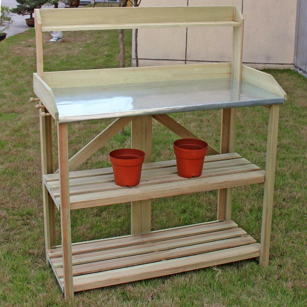 Outdoor Garden Workstation Potting Bench with Metal Top - FurniFindUSA