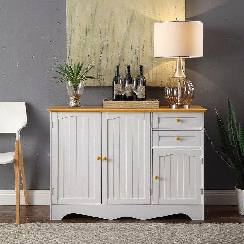 White Sideboard Buffet Cabinet with Light Wood Finish Top and Knobs - FurniFindUSA