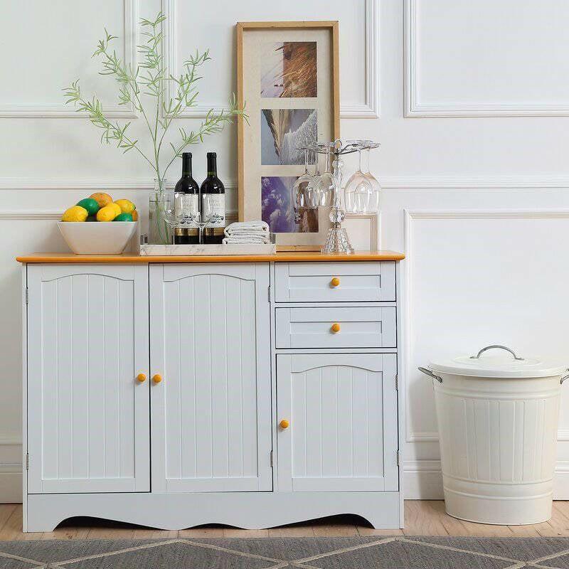 White Sideboard Buffet Cabinet with Light Wood Finish Top and Knobs - FurniFindUSA