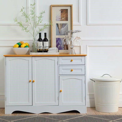 White Sideboard Buffet Cabinet with Light Wood Finish Top and Knobs - FurniFindUSA