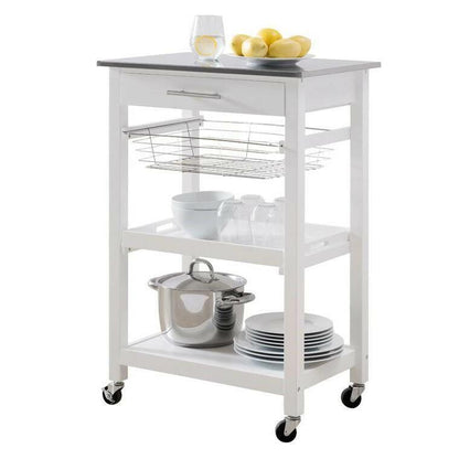 White Stainless Steel Top Kitchen Cart with Drawer and Storage Shelves - FurniFindUSA