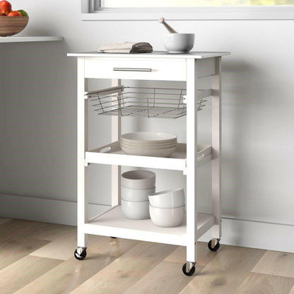 White Stainless Steel Top Kitchen Cart with Drawer and Storage Shelves - FurniFindUSA