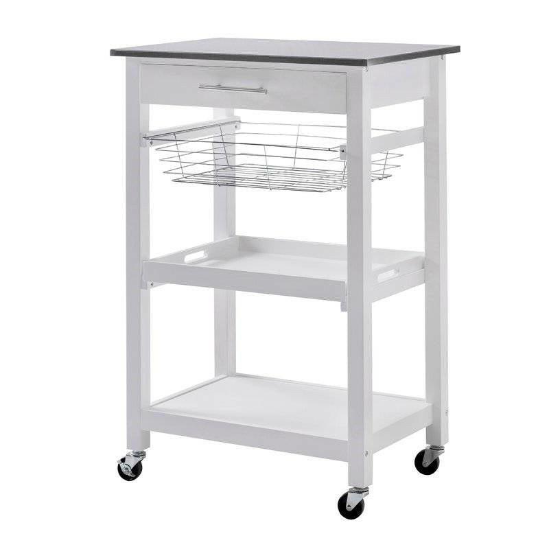 White Stainless Steel Top Kitchen Cart with Drawer and Storage Shelves - FurniFindUSA