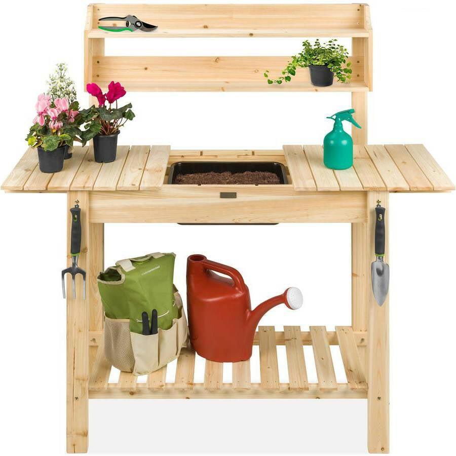 Outdoor Garden Wood Potting Bench Expandable Top with Food Grade Plastic Sink - FurniFindUSA