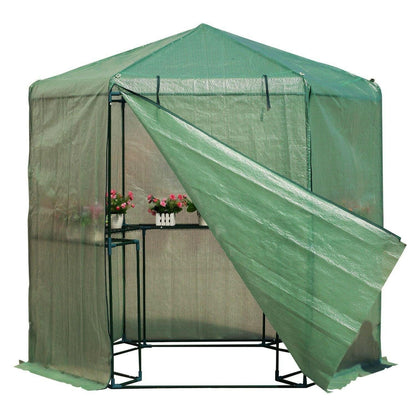 Outdoor Hexagon Greenhouse 6.5 x 7 Ft with Steel Frame PE Cover and Shelves - FurniFindUSA