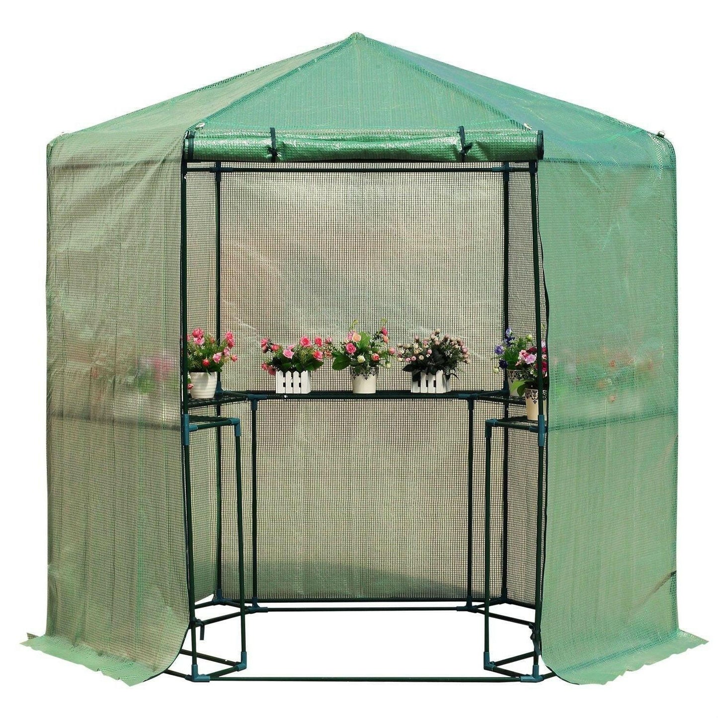 Outdoor Hexagon Greenhouse 6.5 x 7 Ft with Steel Frame PE Cover and Shelves - FurniFindUSA