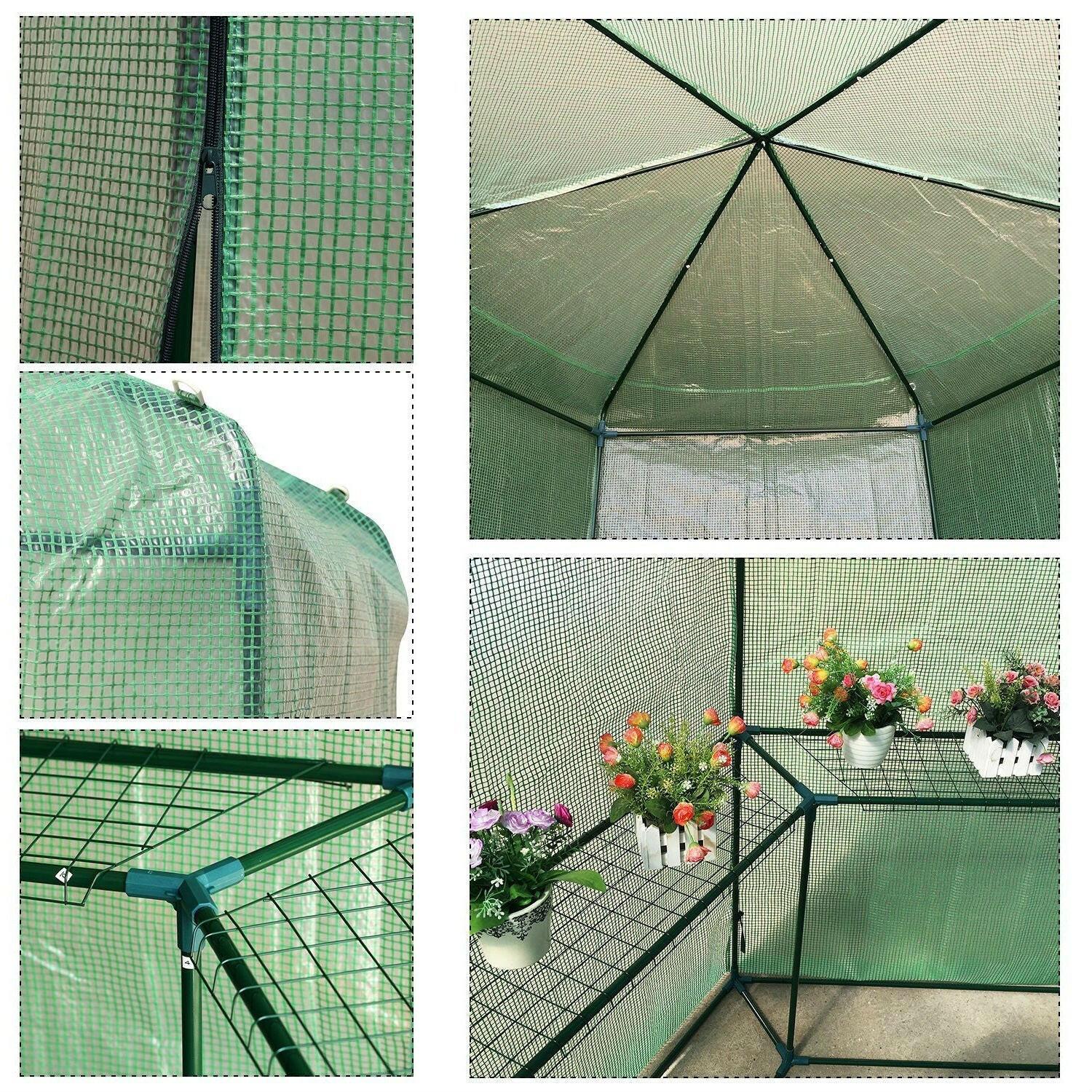 Outdoor Hexagon Greenhouse 6.5 x 7 Ft with Steel Frame PE Cover and Shelves - FurniFindUSA