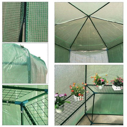 Outdoor Hexagon Greenhouse 6.5 x 7 Ft with Steel Frame PE Cover and Shelves - FurniFindUSA