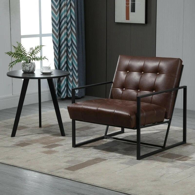 Retro Tufted Faux Leather Metal Frame Accent Chair - Brown - FurniFindUSA