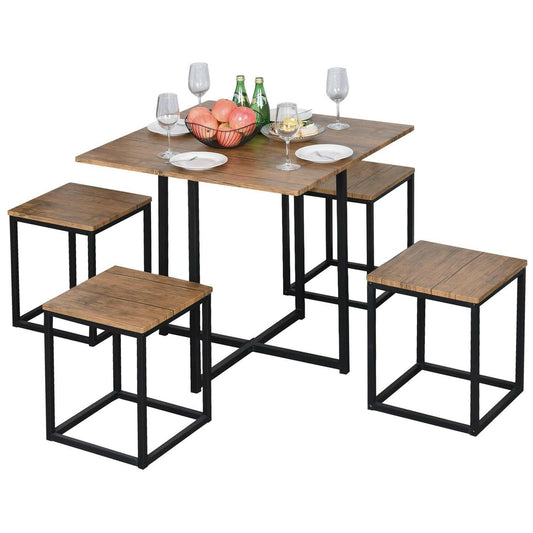 Farmhouse 5 Piece Square Walnut Wood Steel Kitchen Dining Set - FurniFindUSA