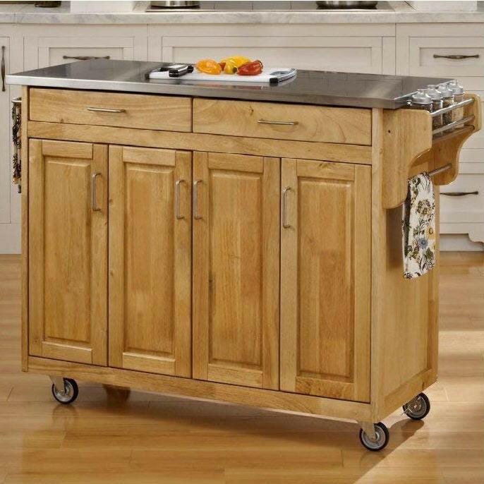 Stainless Steel Top Wooden Kitchen Cart Island with Casters - FurniFindUSA
