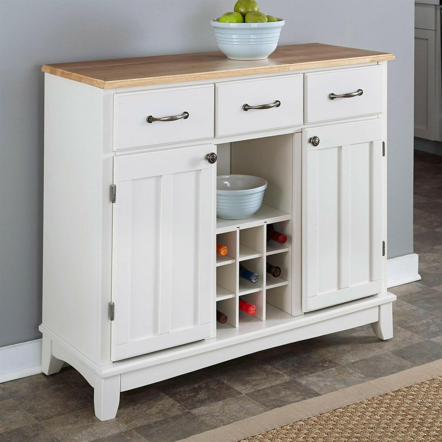 Natural Wood Top Kitchen Island Sideboard Cabinet Wine Rack in White - FurniFindUSA