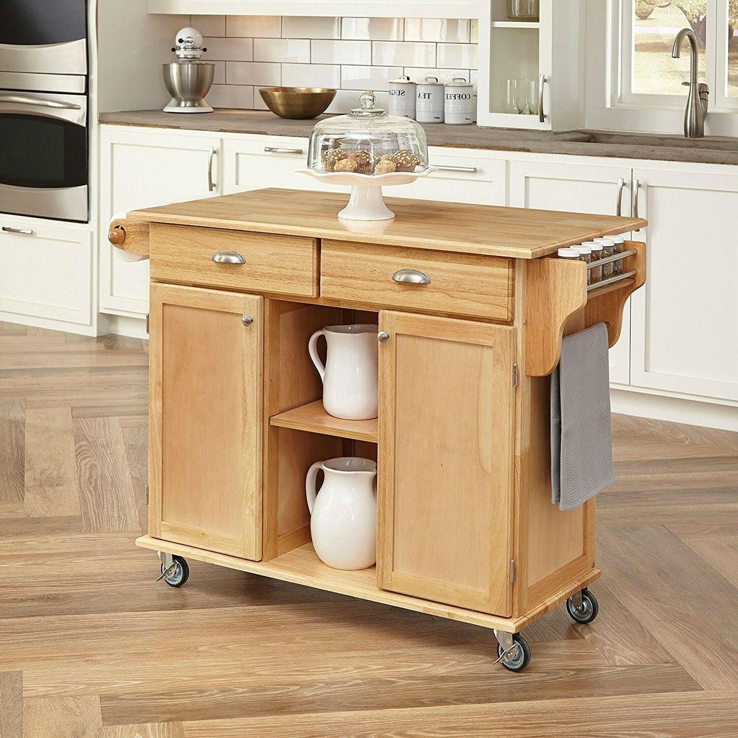 Natural Wood Finish Kitchen Island Cart with Locking Casters - FurniFindUSA