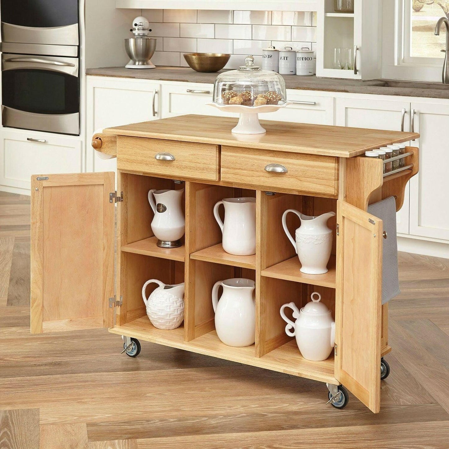 Natural Wood Finish Kitchen Island Cart with Locking Casters - FurniFindUSA