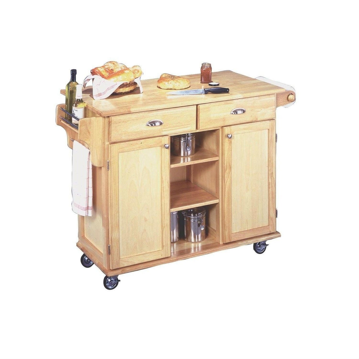 Natural Wood Finish Kitchen Island Cart with Locking Casters - FurniFindUSA