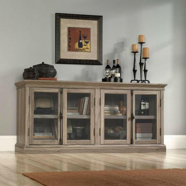 Salt Oak Wood Finish TV Stand with Tempered Glass Doors - Fits up to 80-inch TV - FurniFindUSA