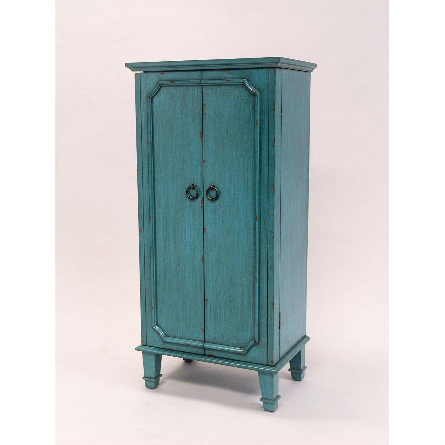 Vintage Turquoise Hand Painted Jewelry Armoire with Antique Drawer Pulls - FurniFindUSA