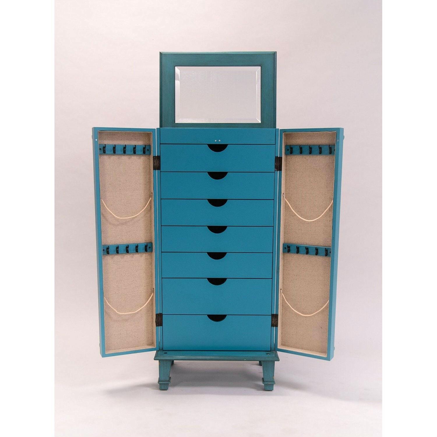 Vintage Turquoise Hand Painted Jewelry Armoire with Antique Drawer Pulls - FurniFindUSA