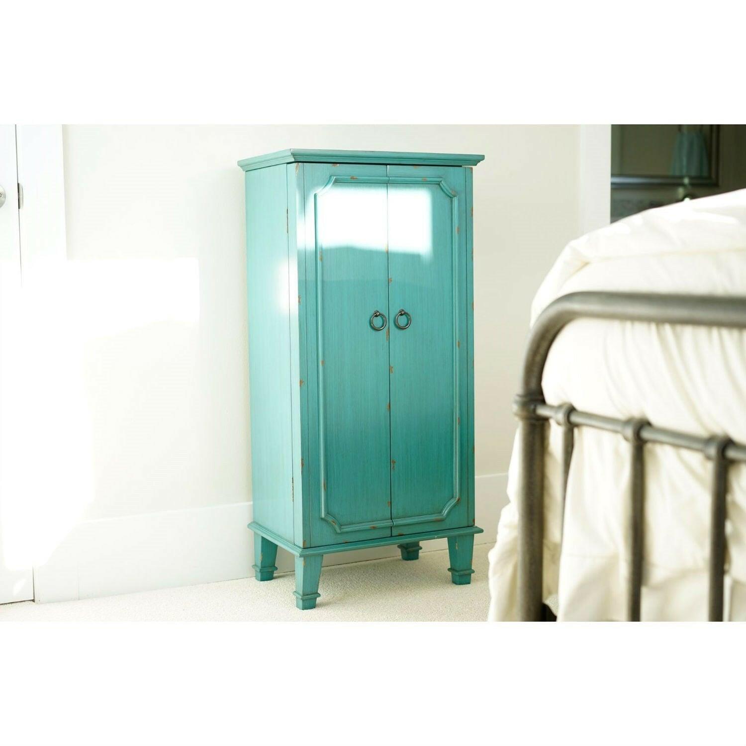 Vintage Turquoise Hand Painted Jewelry Armoire with Antique Drawer Pulls - FurniFindUSA