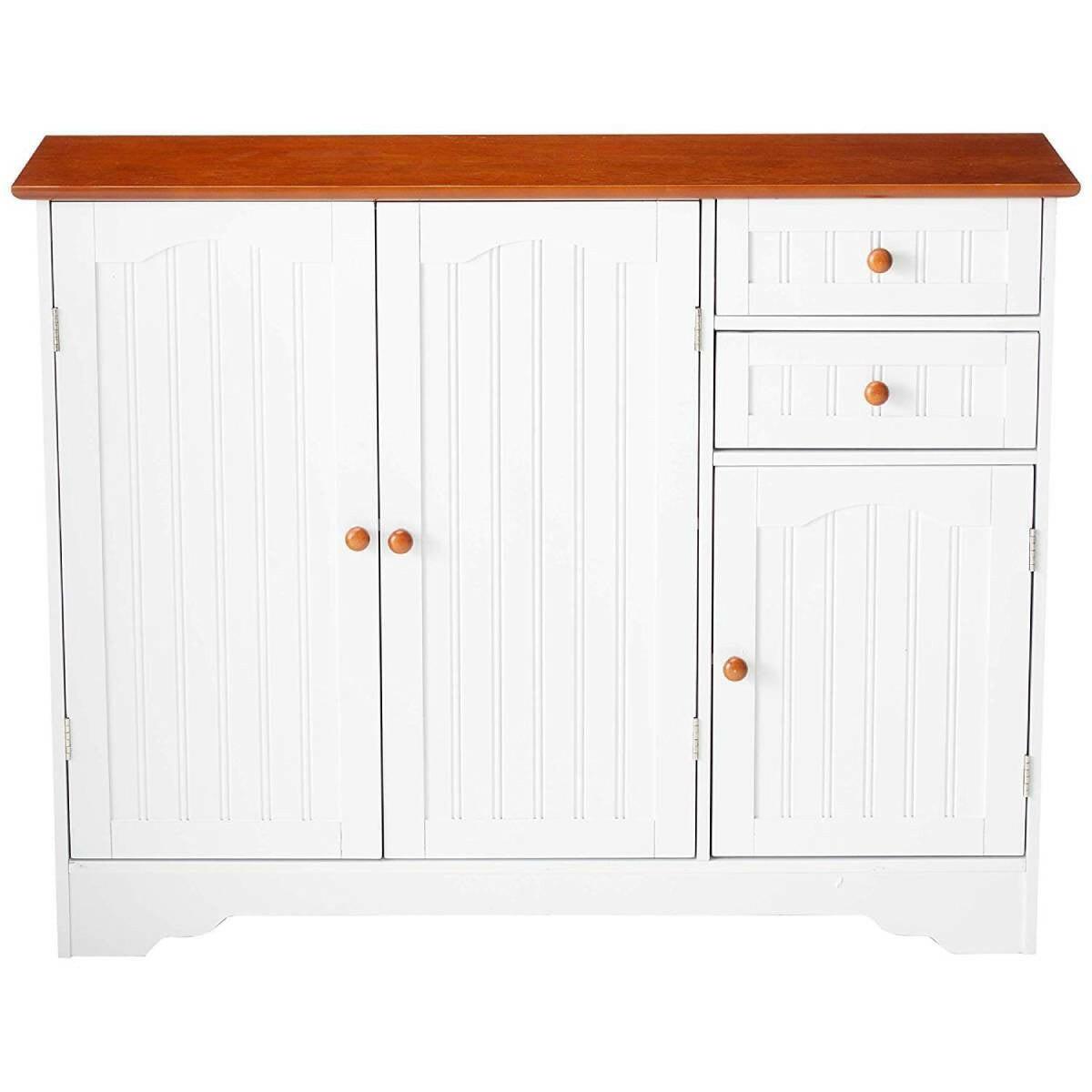 White Wood Sideboard Buffet Cabinet with Walnut Finish Top and Knobs - FurniFindUSA