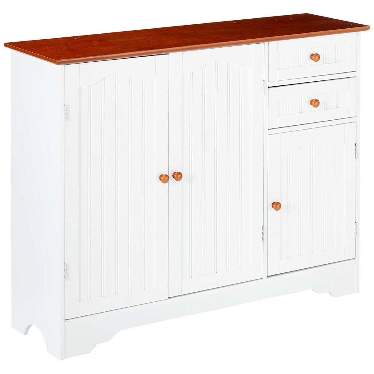 White Wood Sideboard Buffet Cabinet with Walnut Finish Top and Knobs - FurniFindUSA