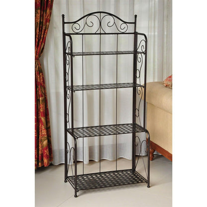 Indoor / Outdoor Folding Iron 4-Shelf Bakers Rack in Bronze with Lattice Shelves - FurniFindUSA