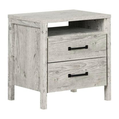 Modern Washed Pine 2 Drawer Nightstand Cubby Storage Shelf - FurniFindUSA