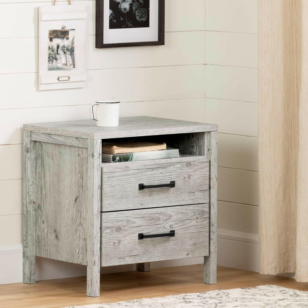 Modern Washed Pine 2 Drawer Nightstand Cubby Storage Shelf - FurniFindUSA