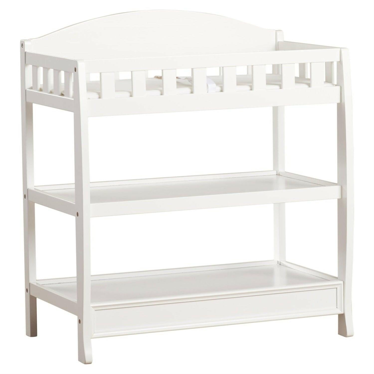 Modern White Wooden Baby Changing Table with Safety Rail Pad and Strap - FurniFindUSA