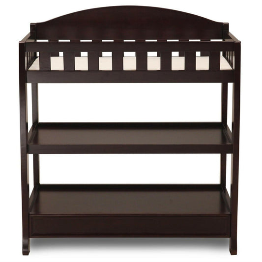 Modern Dark Brown Wooden Baby Changing Table with Safety Rail Pad and Strap - FurniFindUSA