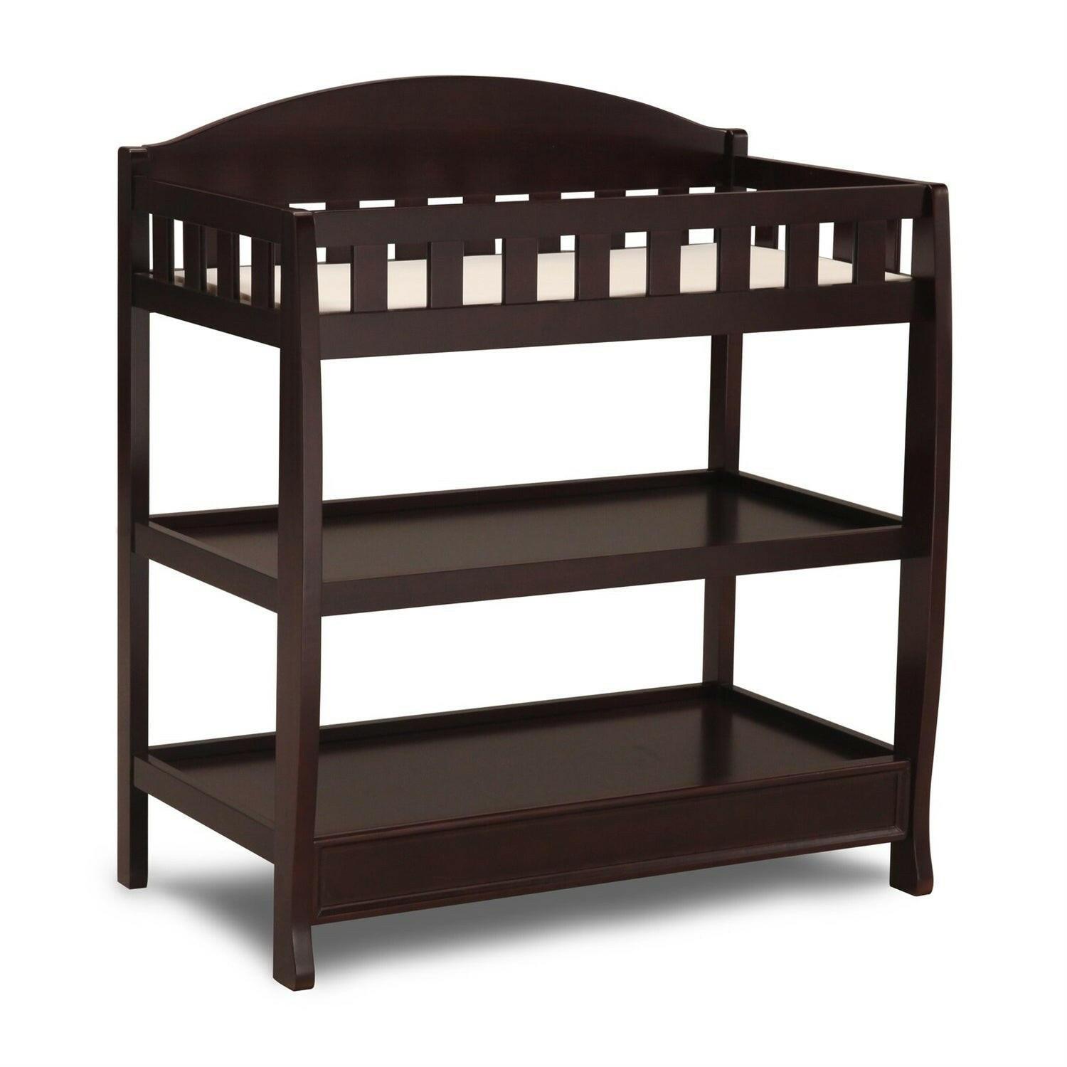 Modern Dark Brown Wooden Baby Changing Table with Safety Rail Pad and Strap - FurniFindUSA