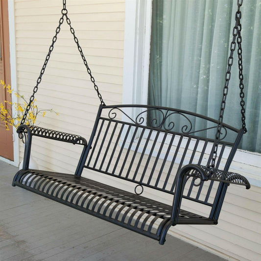 Wrought Iron Outdoor Patio 4-Ft Porch Swing in Black - FurniFindUSA