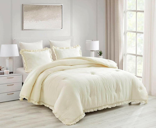 Full Size Ivory Microfiber 3-Piece Comforter Set with Ruffled Edge Trim - FurniFindUSA