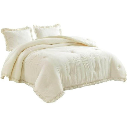 Full Size Ivory Microfiber 3-Piece Comforter Set with Ruffled Edge Trim - FurniFindUSA