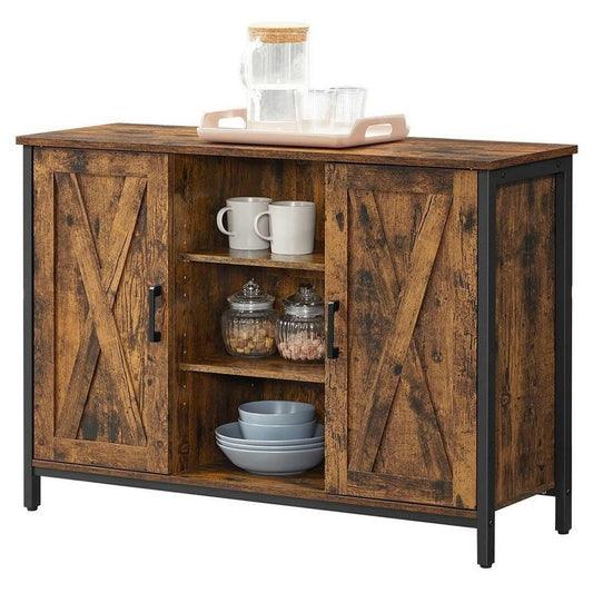 Rustic FarmHome 2 Barn Door Sideboard with Cupboard and Shelves - FurniFindUSA