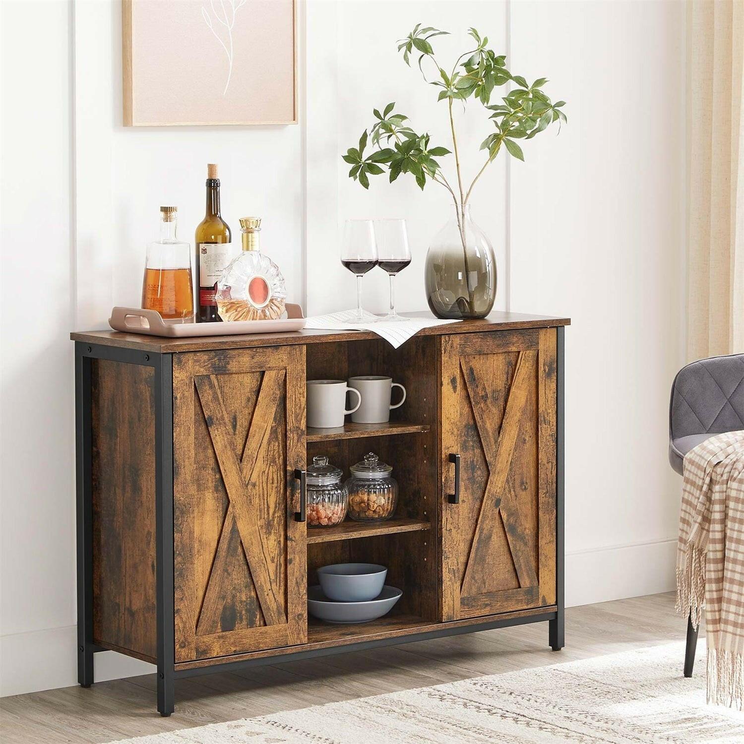 Rustic FarmHome 2 Barn Door Sideboard with Cupboard and Shelves - FurniFindUSA