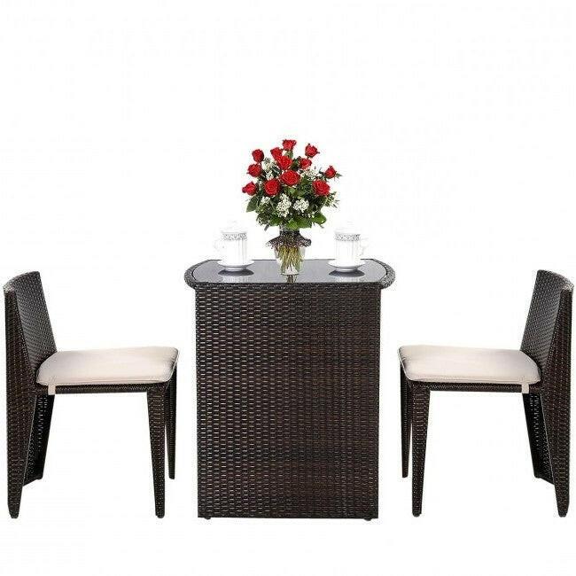 3 Piece Compact Espresso/White Wicker Patio Cushioned Outdoor Chair Table Set - FurniFindUSA