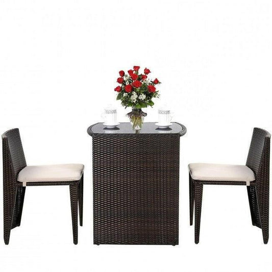 3 Piece Compact Espresso/White Wicker Patio Cushioned Outdoor Chair Table Set - FurniFindUSA