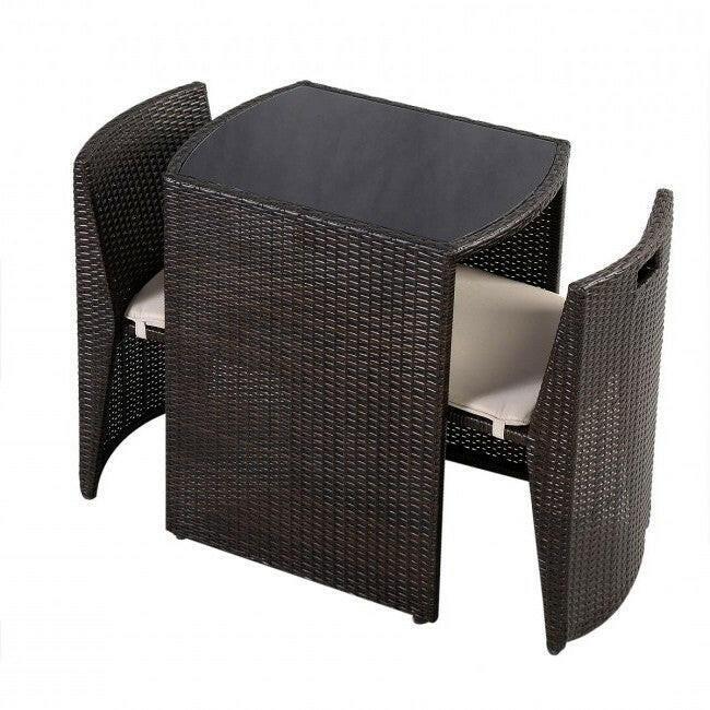 3 Piece Compact Espresso/White Wicker Patio Cushioned Outdoor Chair Table Set - FurniFindUSA