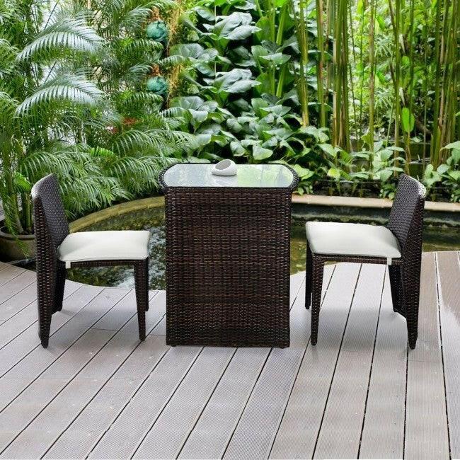 3 Piece Compact Espresso/White Wicker Patio Cushioned Outdoor Chair Table Set - FurniFindUSA