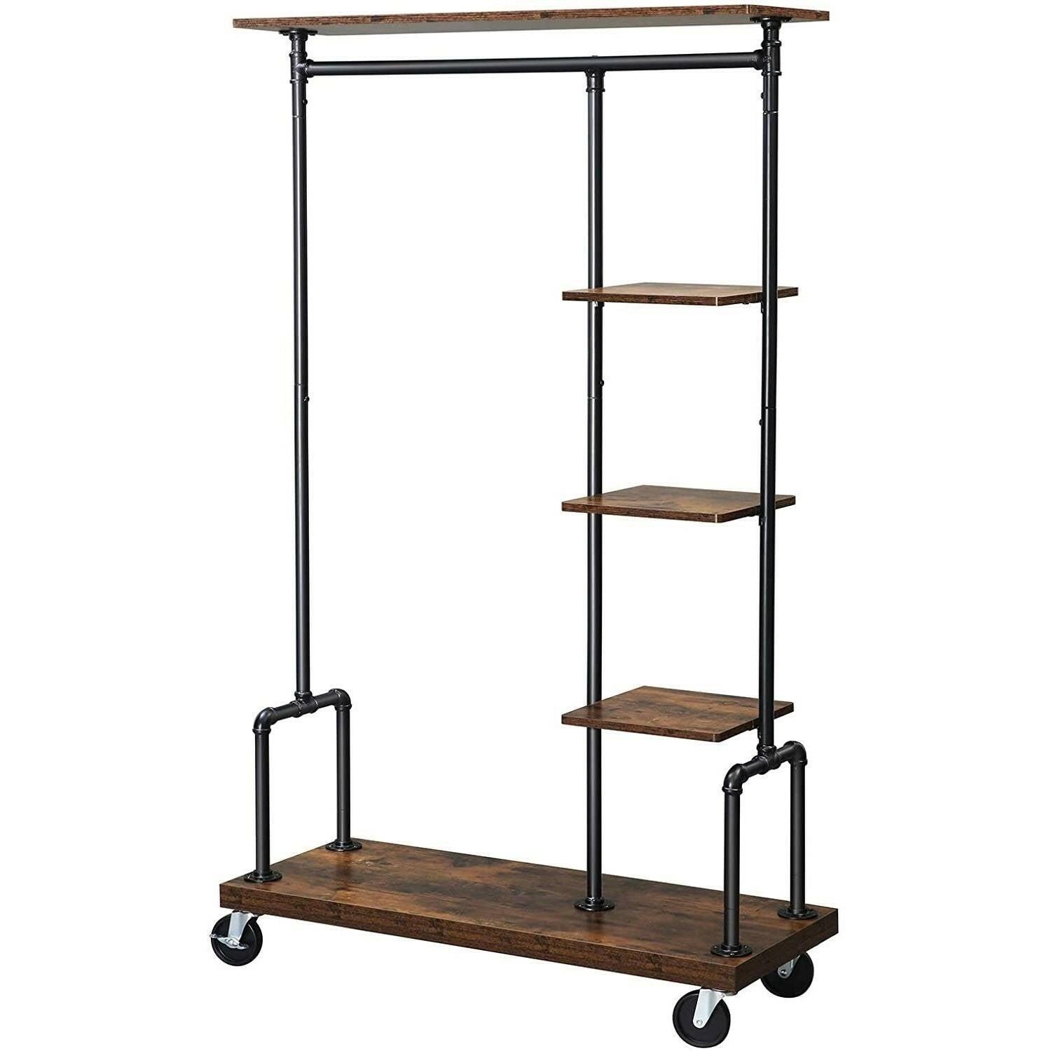 Farmhouse 5 Tier Laundry Pipe Garment Closet Rack Wheels - FurniFindUSA