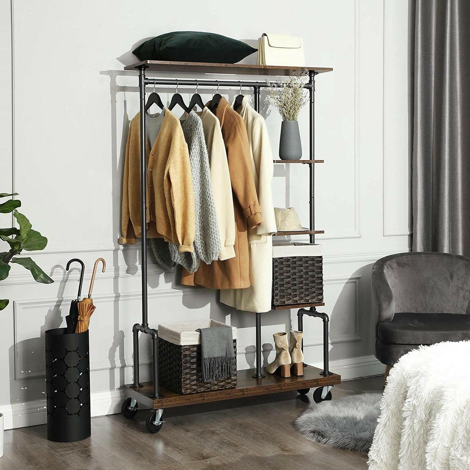 Farmhouse 5 Tier Laundry Pipe Garment Closet Rack Wheels - FurniFindUSA