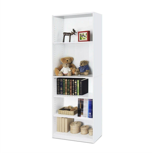 Modern 5-Shelf Bookcase in White Wood Finish - FurniFindUSA