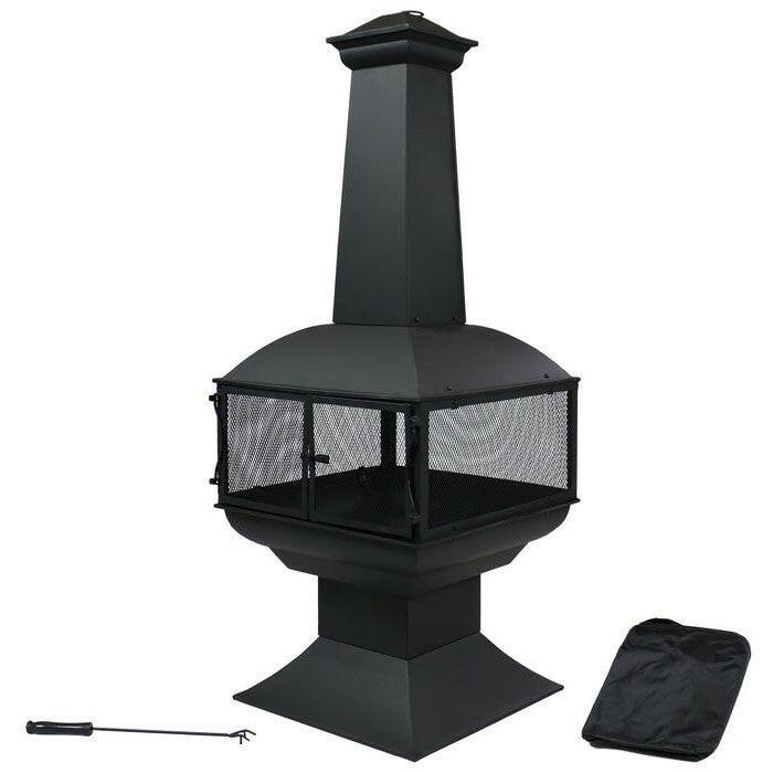 Large Black Outdoor Steel Chimenea Wood Burning Fire Pit - FurniFindUSA