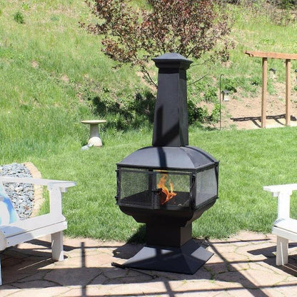 Large Black Outdoor Steel Chimenea Wood Burning Fire Pit - FurniFindUSA