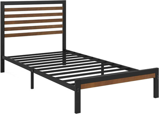 Twin Metal Platform Bed Frame with Bamboo Wood Slatted Headboard and Footboard - FurniFindUSA