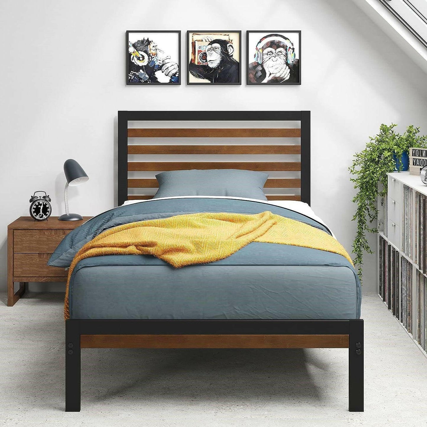 Twin Metal Platform Bed Frame with Bamboo Wood Slatted Headboard and Footboard - FurniFindUSA