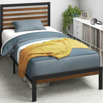 Twin Metal Platform Bed Frame with Bamboo Wood Slatted Headboard and Footboard - FurniFindUSA