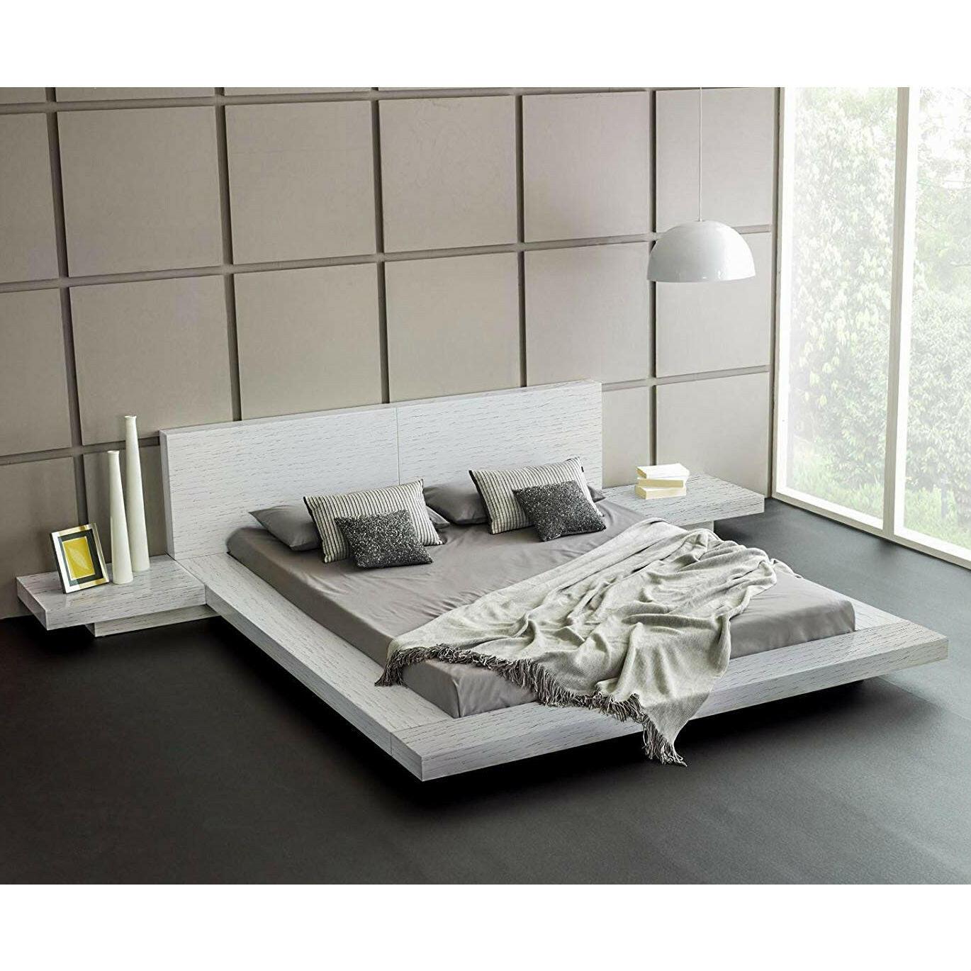 King Modern Platform Bed with Headboard and 2 Nightstand in Ash White - FurniFindUSA